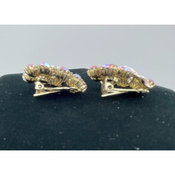 Aurora Borealis Flower Gold Tone Leaf Clip Earrings Necklace Set - Picture 6 of 16